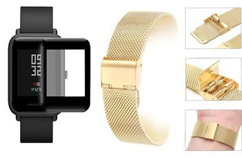 Opaska pasek bransoleta Milanese band z zapięciem Xiaomi AMAZFIT BIP złota +szkło 5D