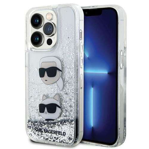 Etui Karl Lagerfeld KLHCP14LLDHKCNS na iPhone 14 Pro - srebrne Liquid Glitter Karl&Choupette Heads
